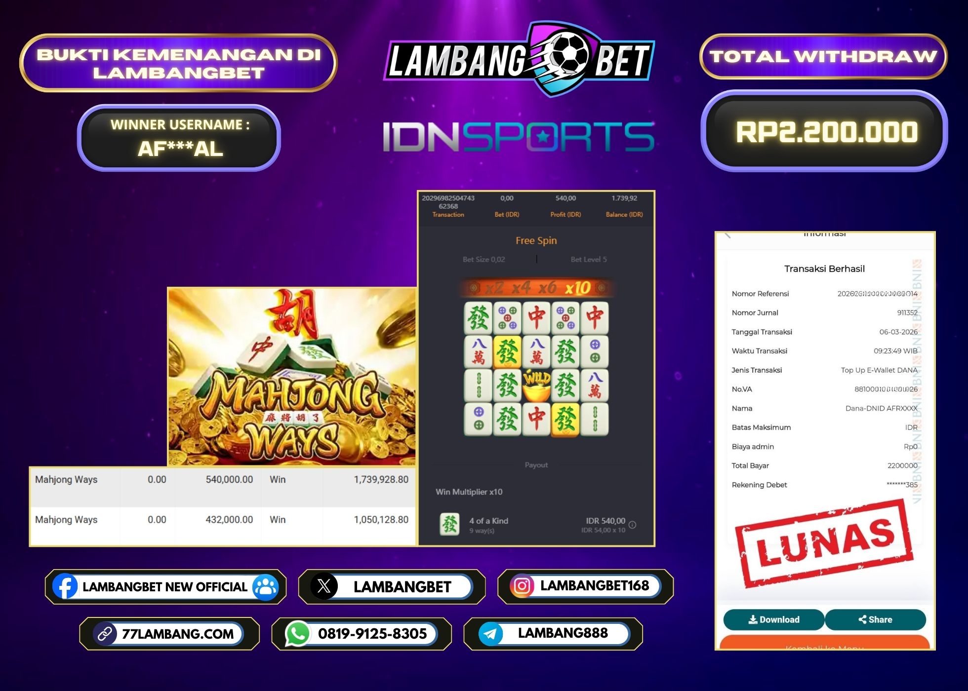 LAMBANGBET [6 MARET 2025] JACKPOT SLOT Mahjong Ways "Rp2.200.000" LUNAS